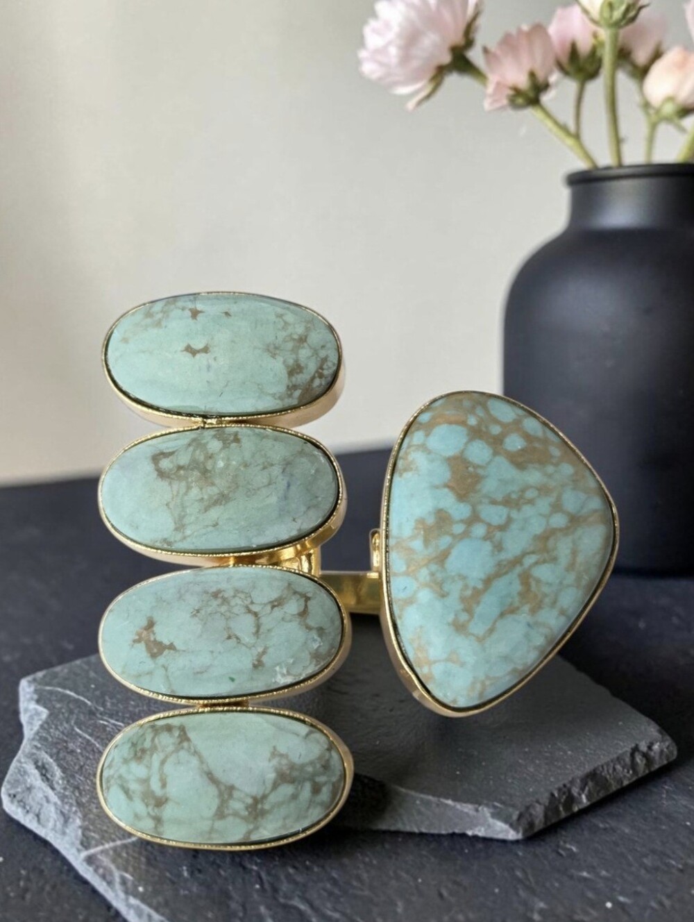 Unique & Big 18k Gold Plated Stacked Natural Genuine Turquoise Statement Ring